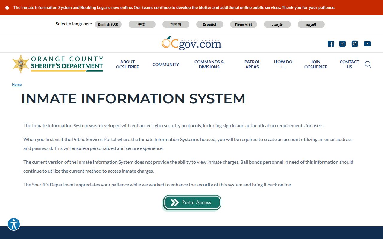 Orange County jail roster and current custody instructions