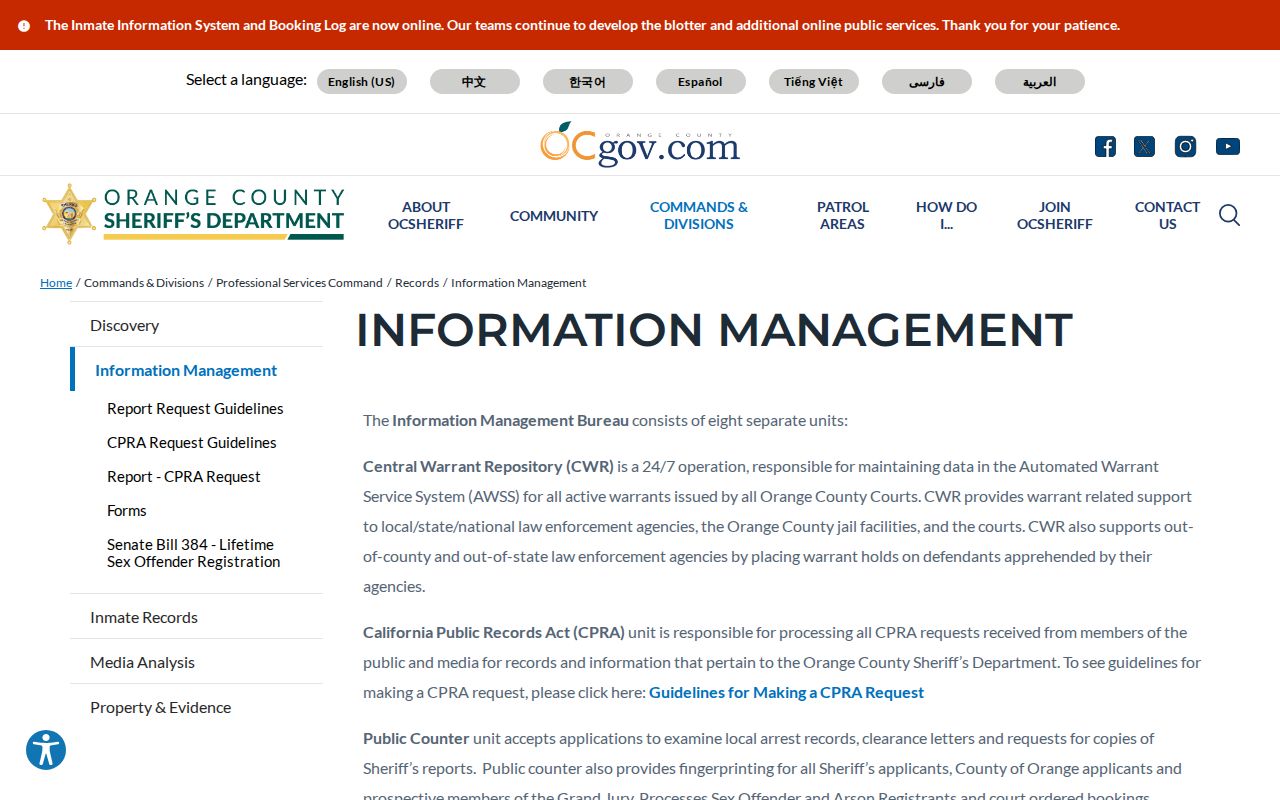 Orange County booking photo records custodian information