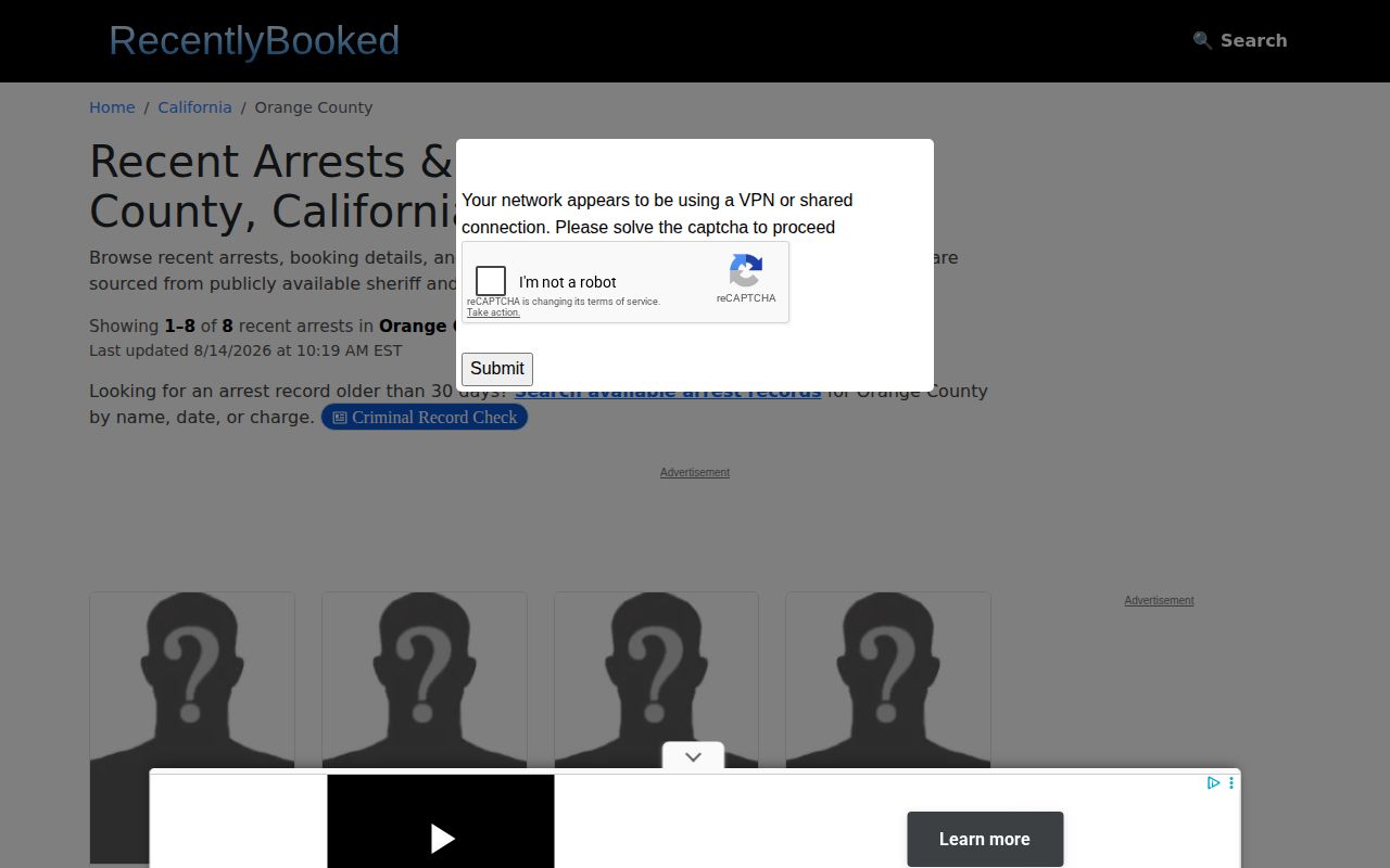 Orange County unofficial recent booking record index without county mugshot images