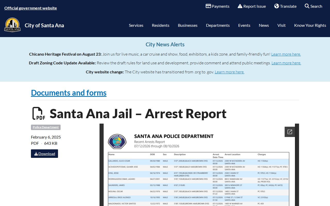 Santa Ana official jail arrest report records page