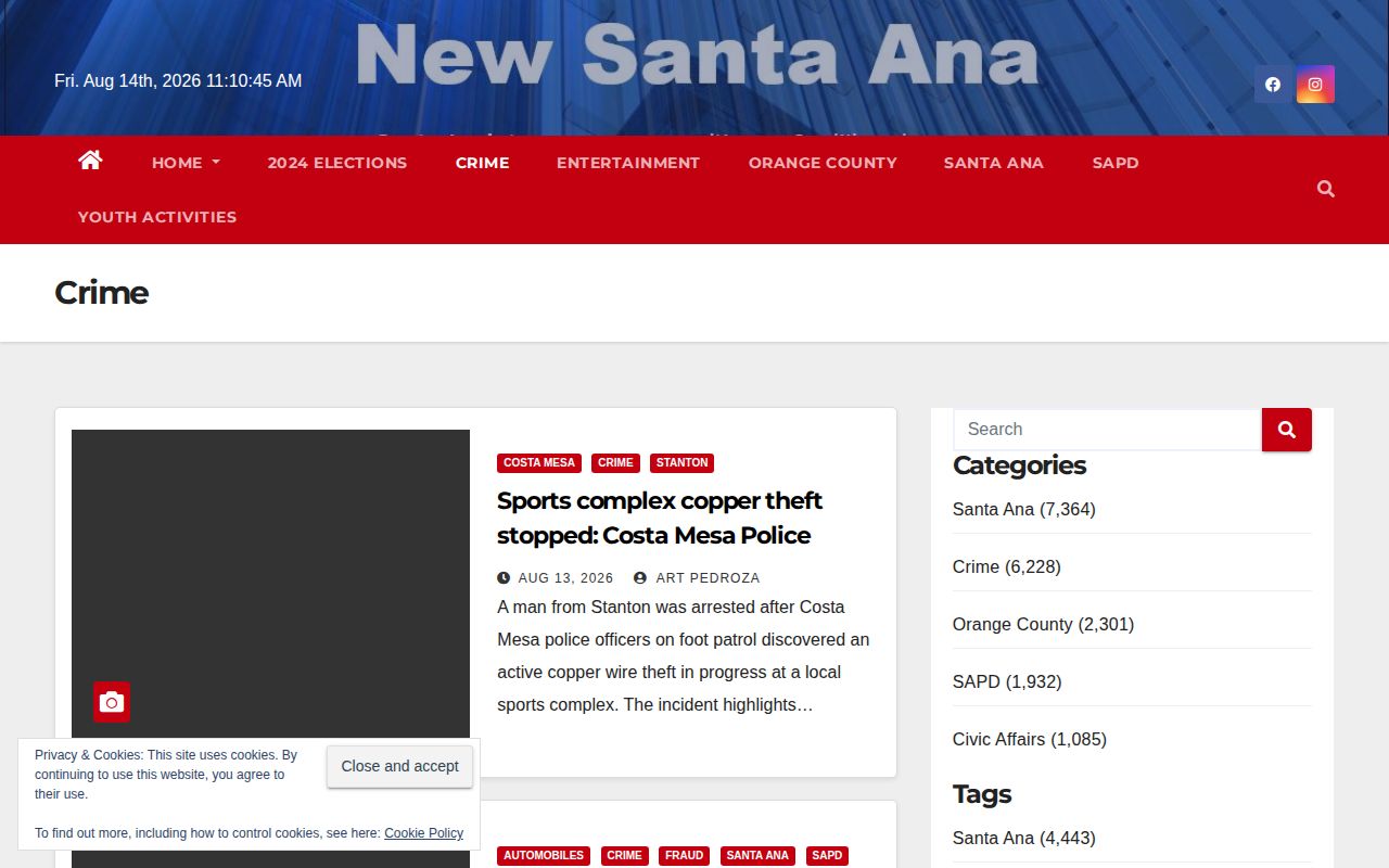 Orange County crime news records on the New Santa Ana crime index