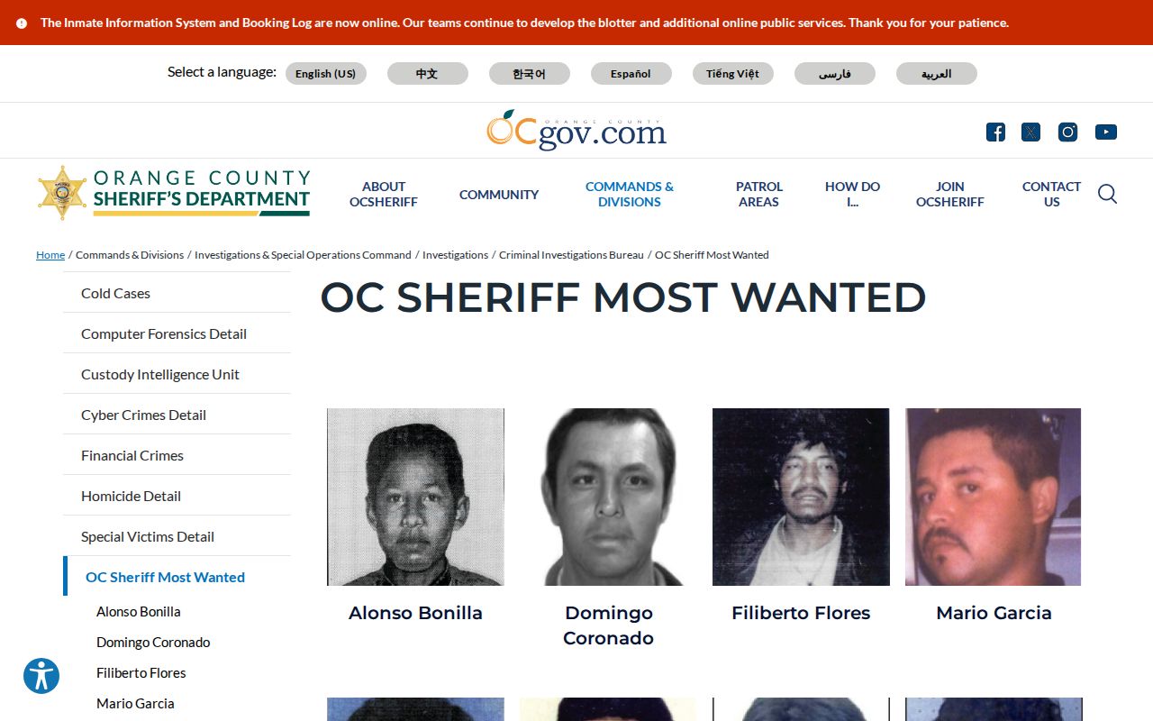 Orange County most wanted fugitives official OCSD listing